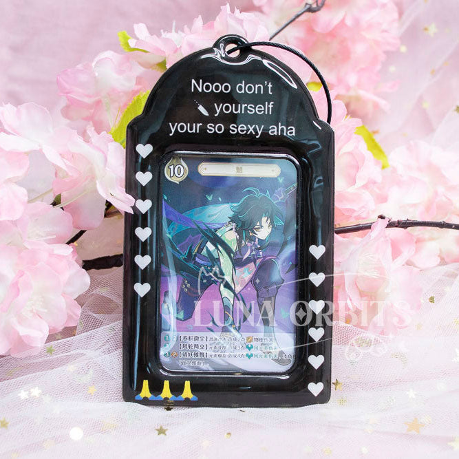 Card holder with anime character design on a pink floral background